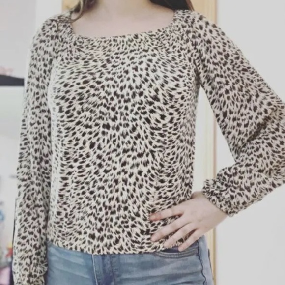 Anthropologie Women’s Animal Leopard Print Balloon Sleeve Top Blouse Cream Sz S - Picture 8 of 9